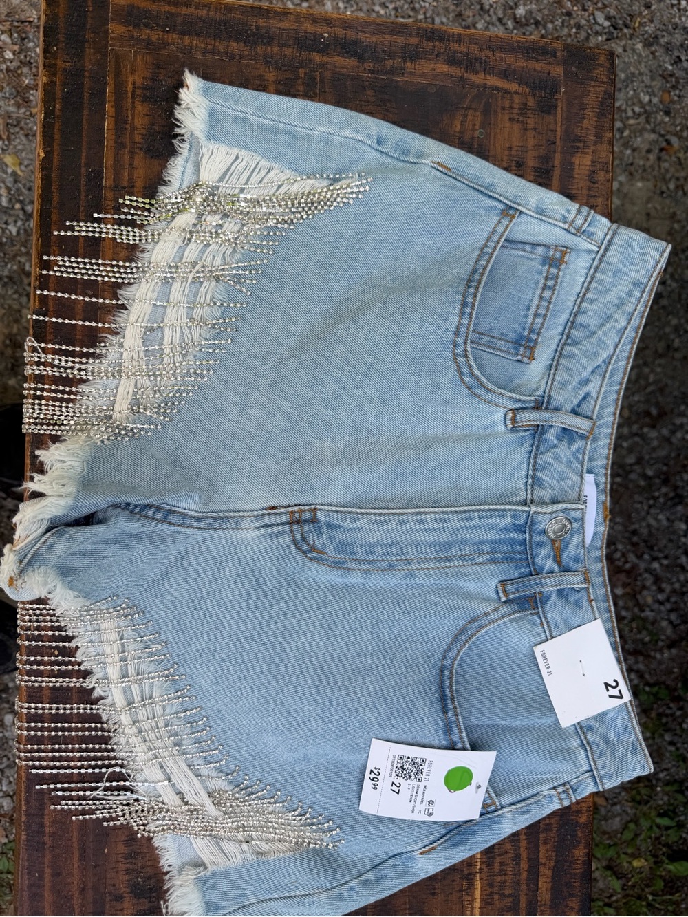 Forever 21 Light Blue Distressed Denim Shorts with Rhinestone Fringe